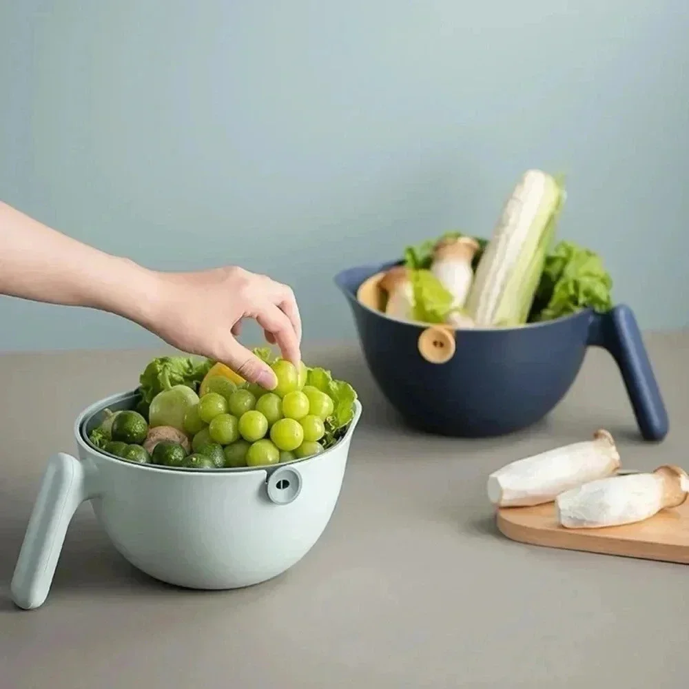 Double Layer Washing Bowl Drain Basket Single Handle Plastic Kitchenware